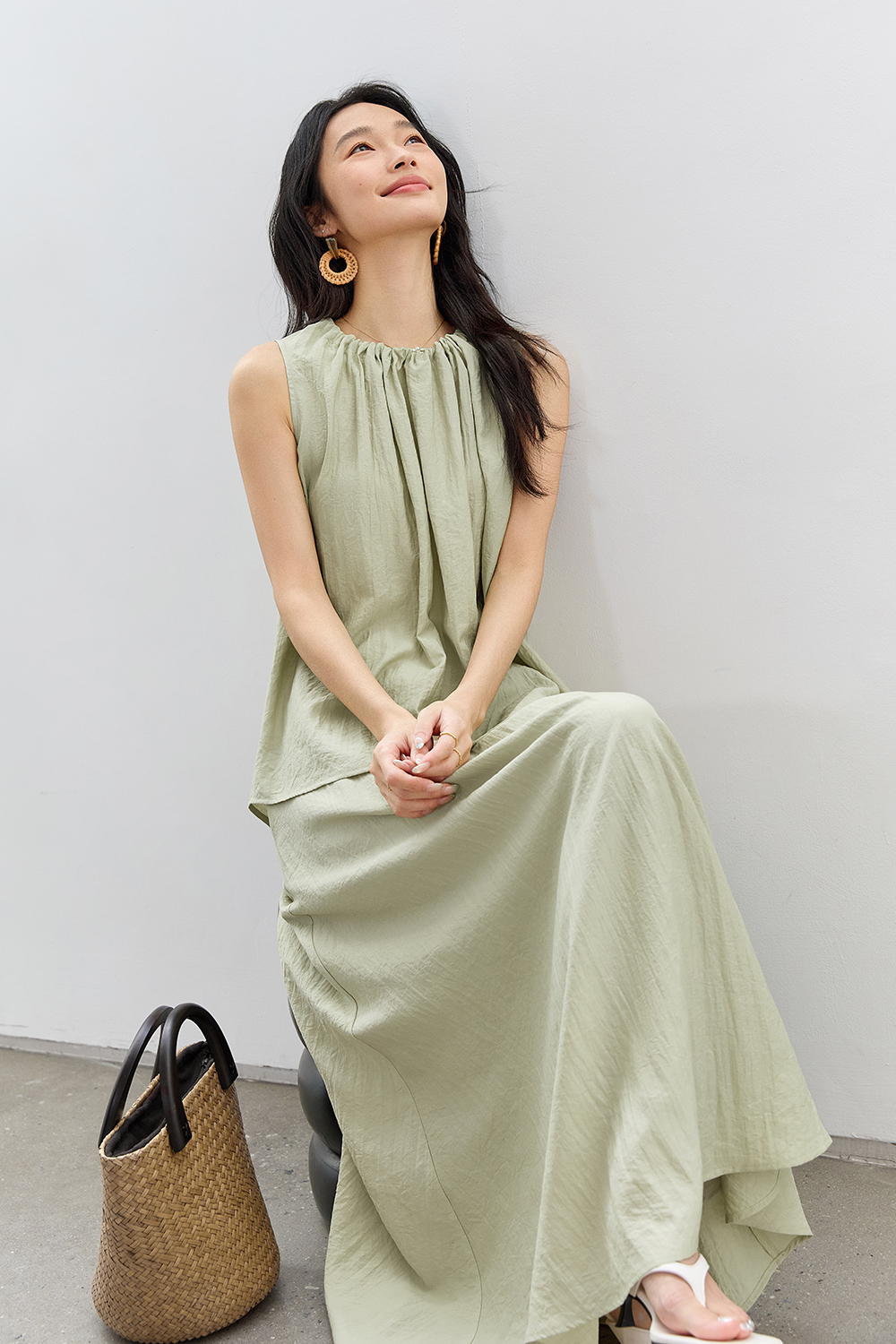 French-Casual Round Neck Sleeveless Top with Flowy Skirt Set-VIMLYSTORE