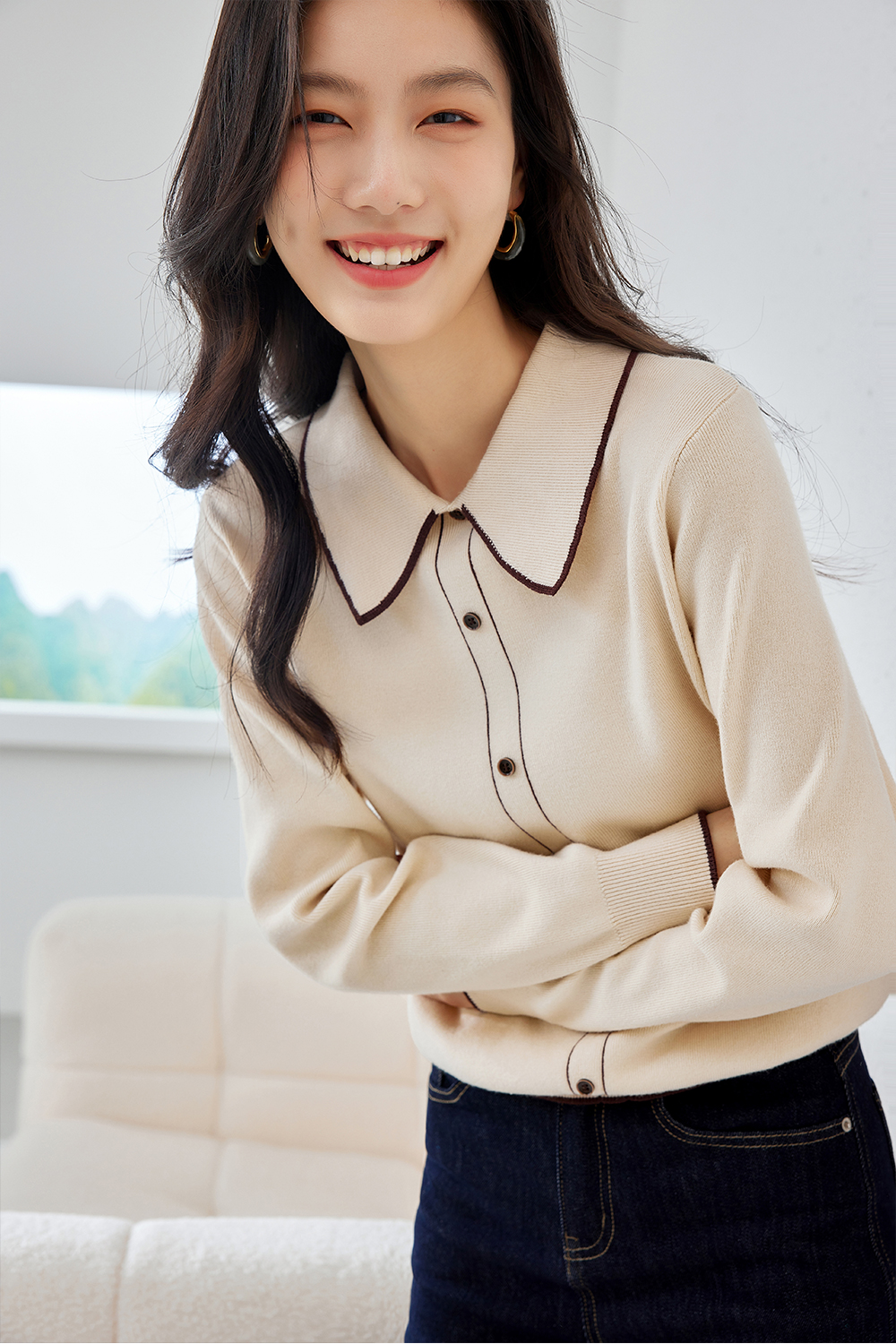 Color-Blocked Lapel Knit Sweater