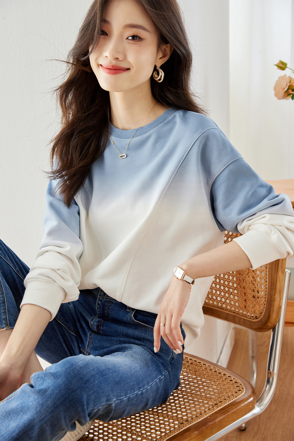 Gradient Round Neck Hoodie-VIMLYSTORE