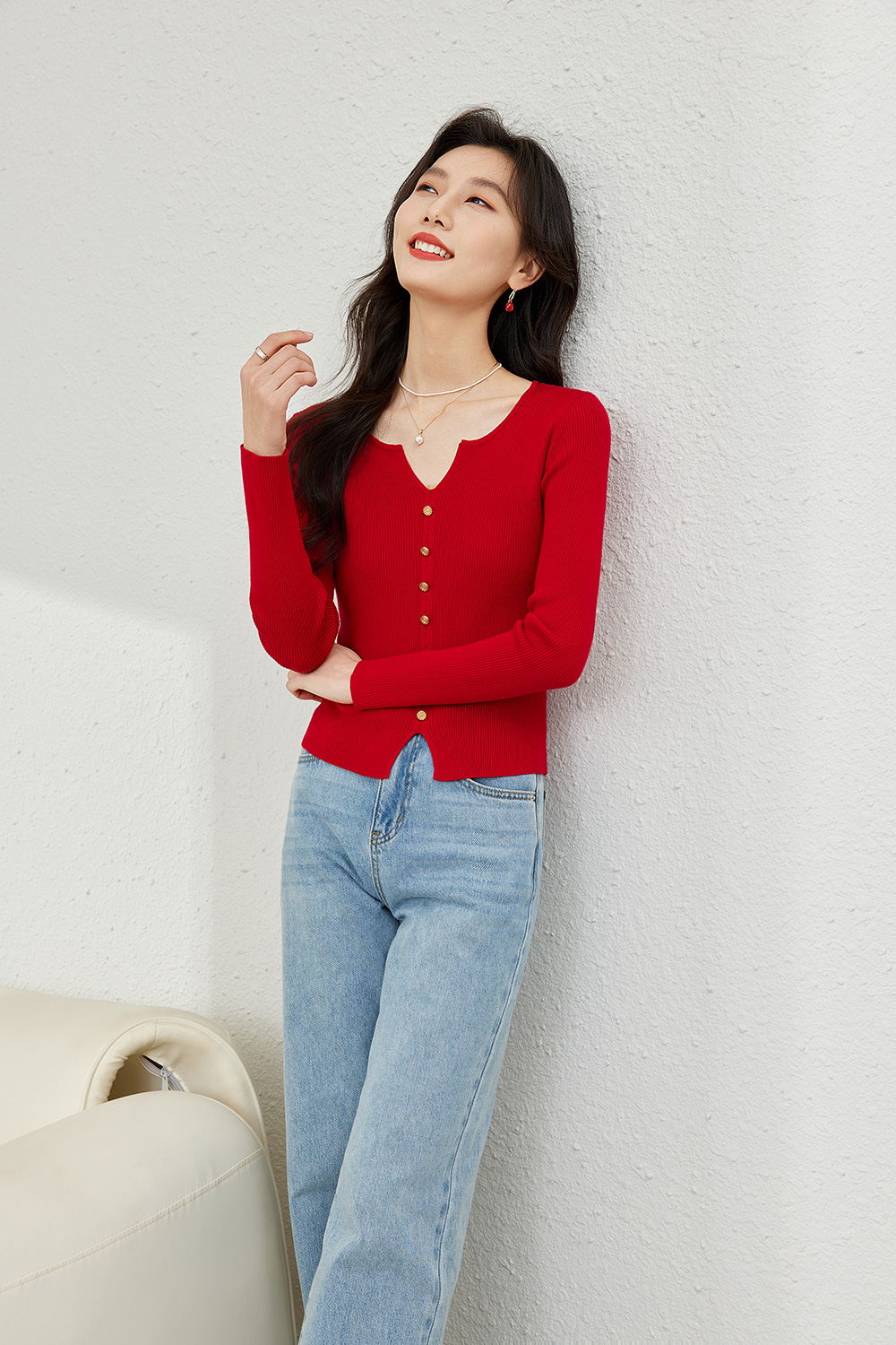 Thin V-neck knit Sweater-VIMLYSTORE