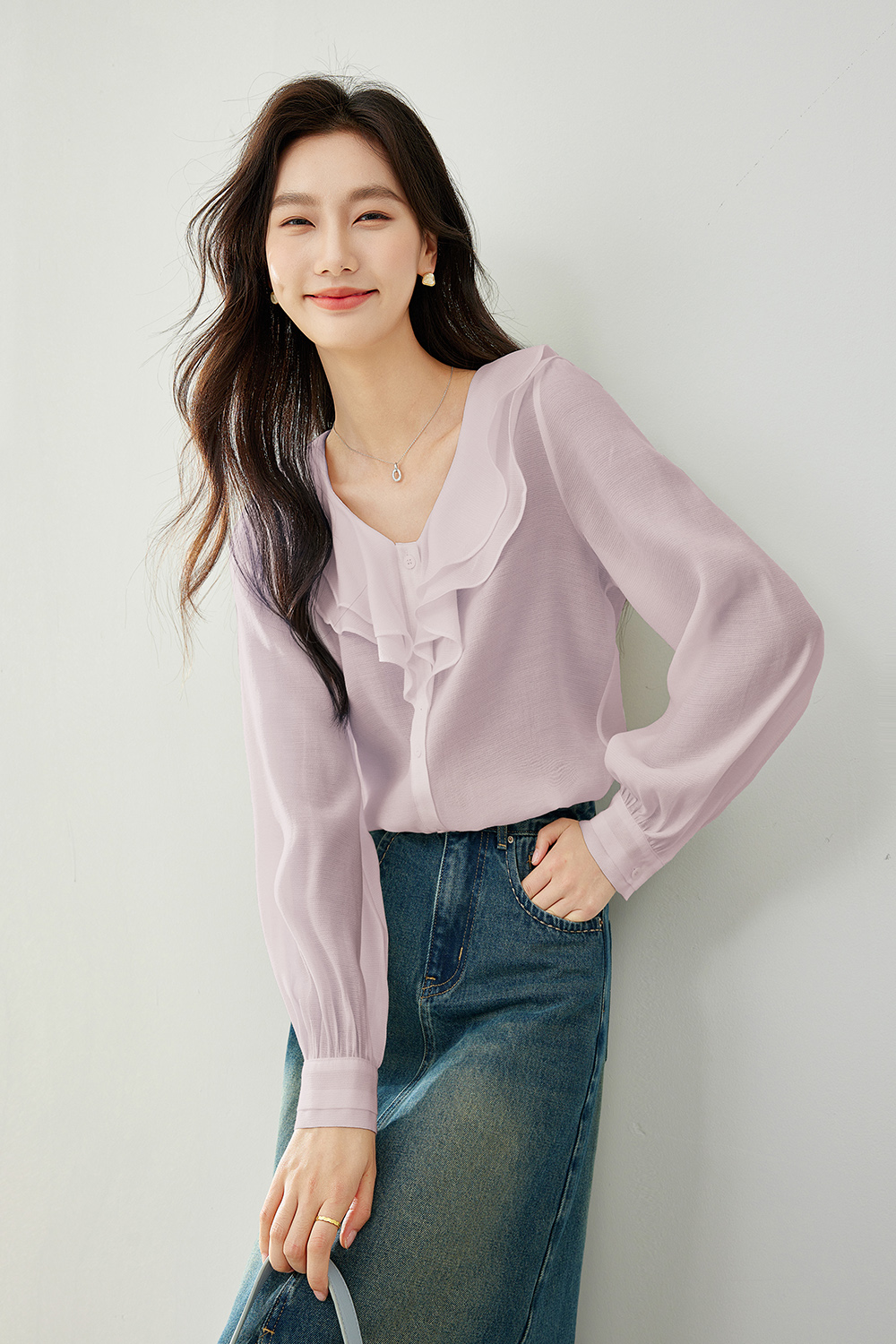 Ruffle Collar Solid Color Chiffon Shirt-VIMLYSTORE