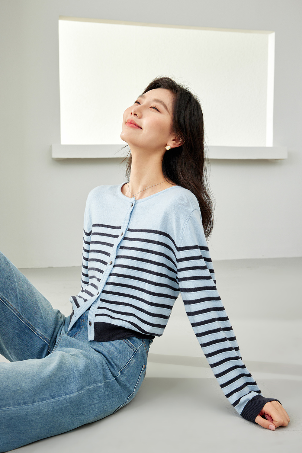 Apricot Blue Striped Knit Cardigan-VIMLYSTORE