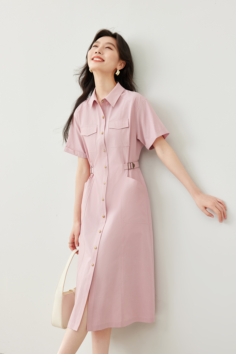 Polo Collar Shirt Dress-VIMLYSTORE