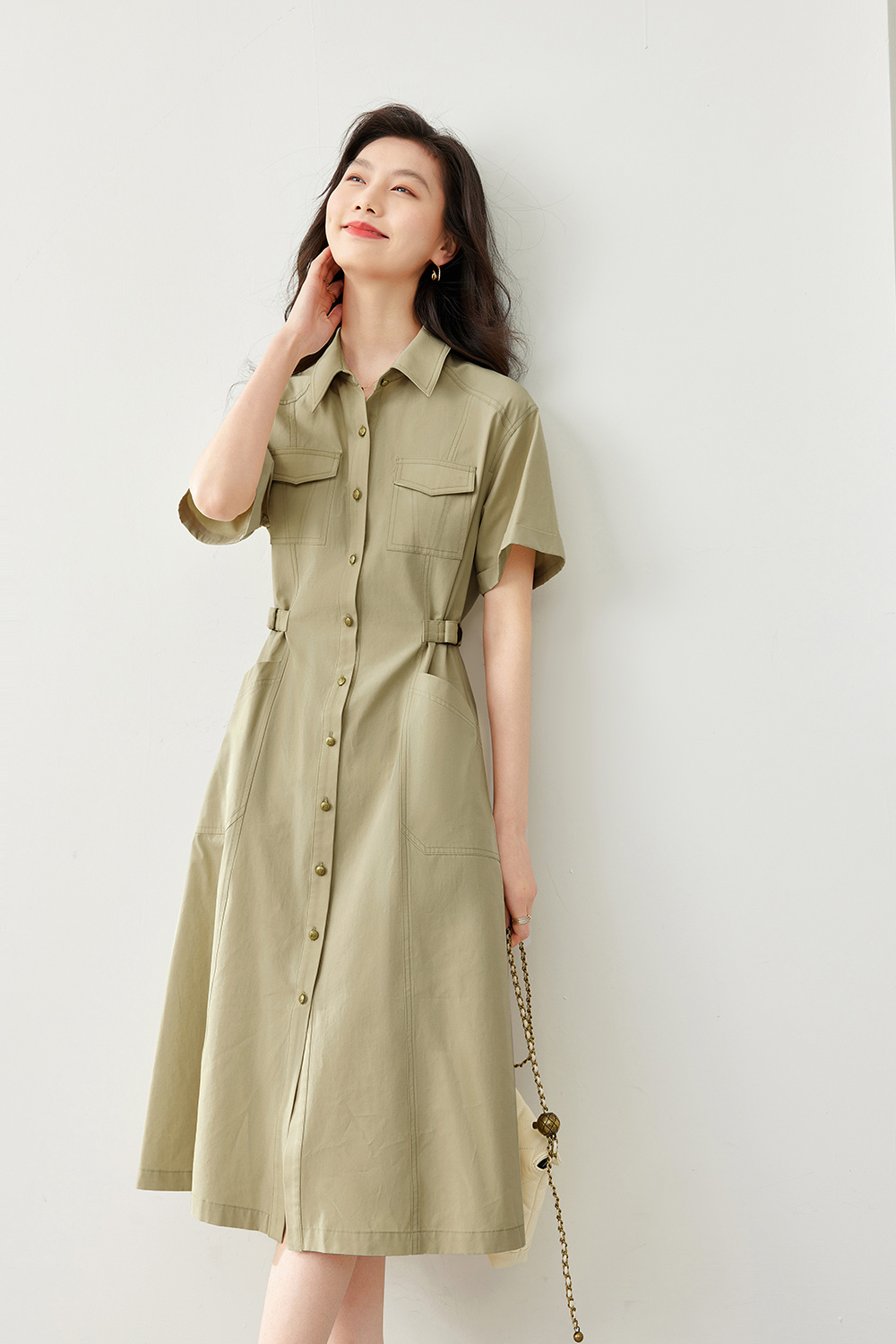 Polo Collar Shirt Dress-VIMLYSTORE