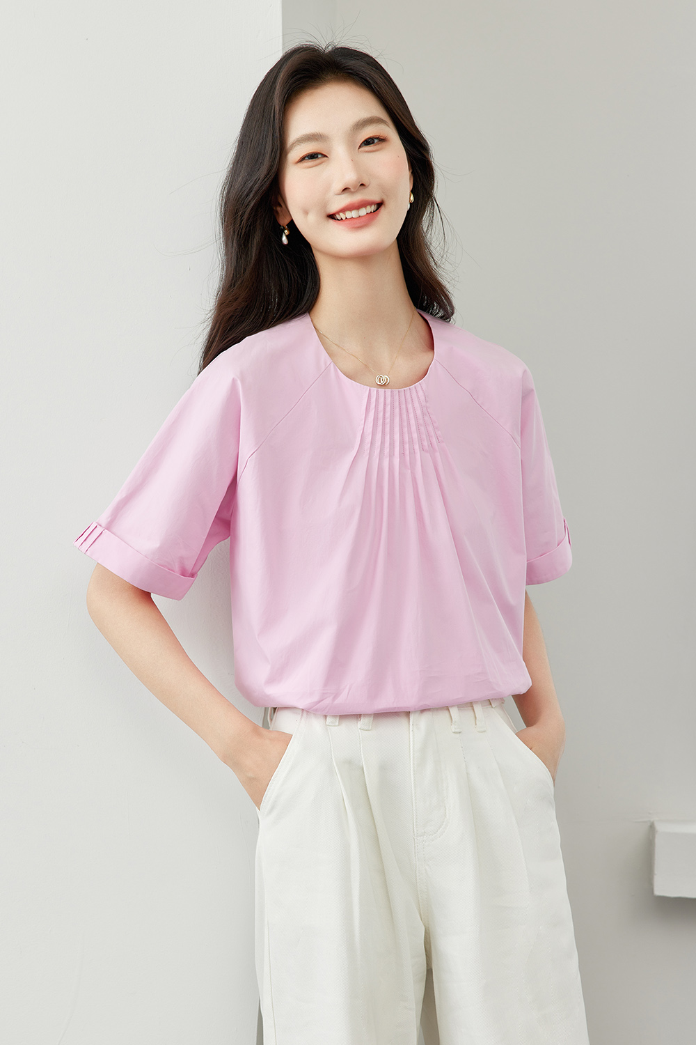 Pleated Decoration Pure Cotton Shirt-VIMLYSTORE