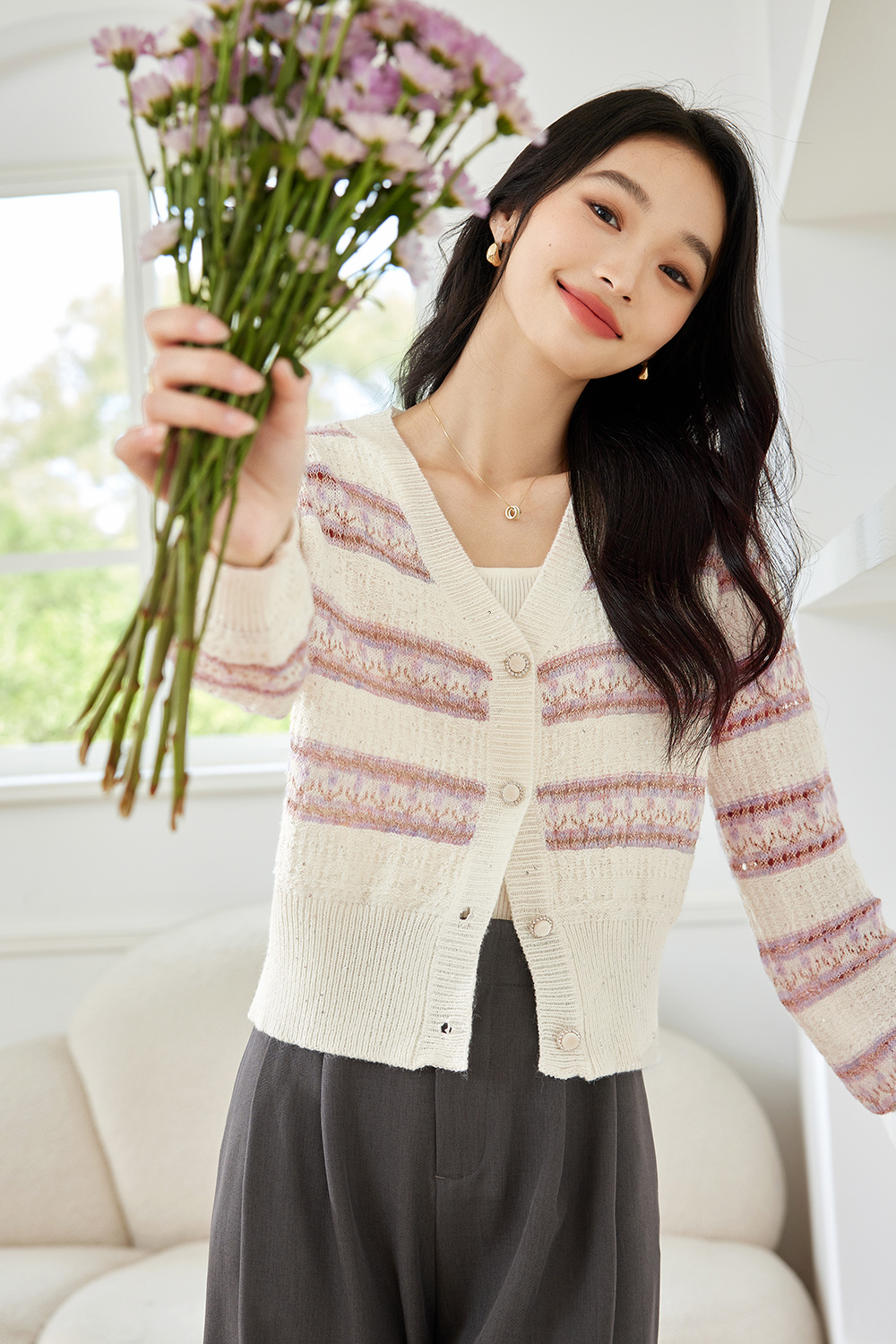 Striped Gentle Style Knitted Cardigan
