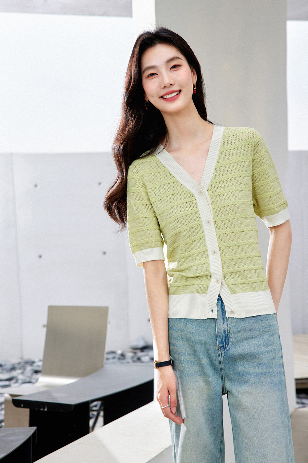 Color-Block French Textured Knit Cardigan