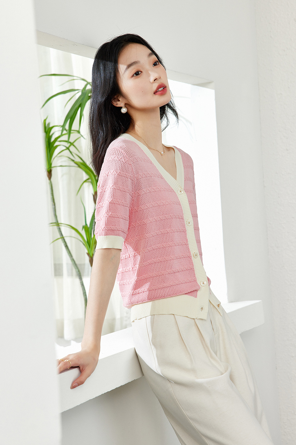 Color-Block French Textured Knit Cardigan
