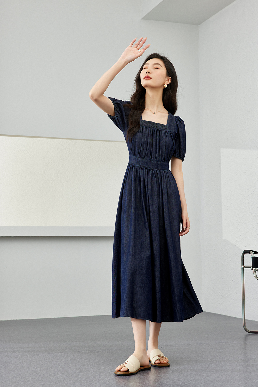 Retro Square Neck Denim Dress