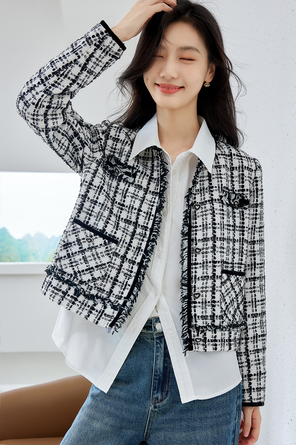 Tweed fabric black and white plaid thick coat-VIMLYSTORE.com