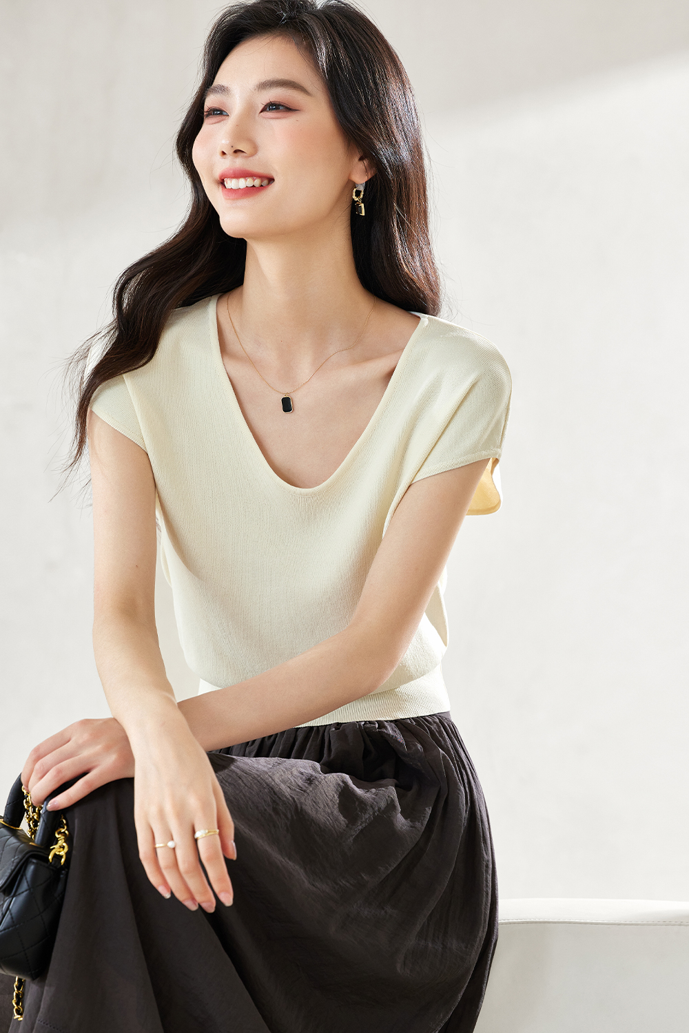 Waist-Cinched Hollowed-Out Knitted Sweater