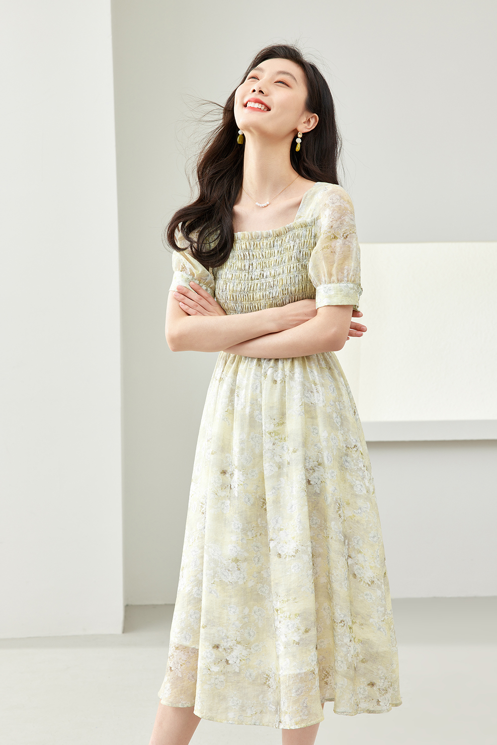 Floral Lyocell Square-Neck Dress