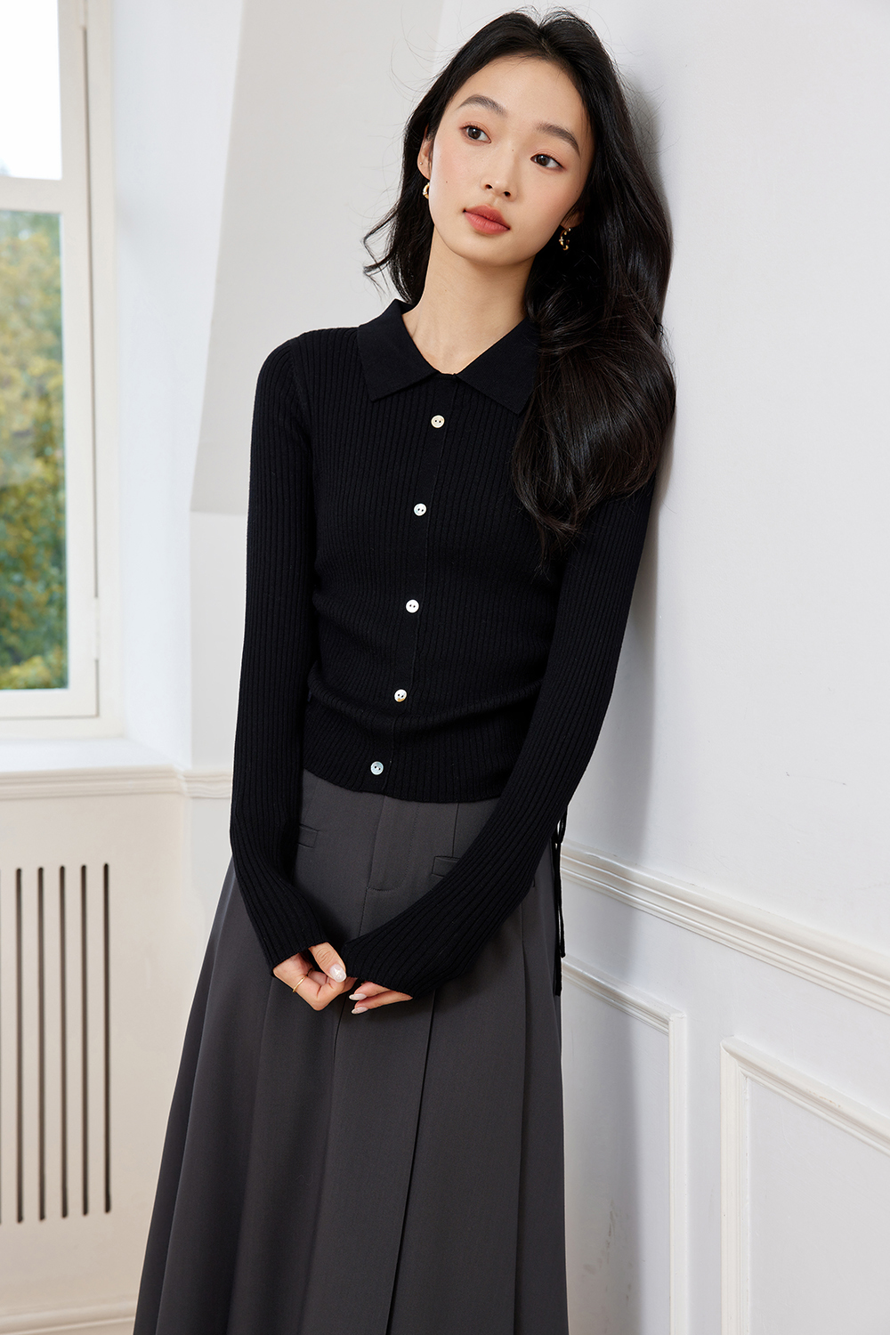Polo Collar Textured Knitted Sweater