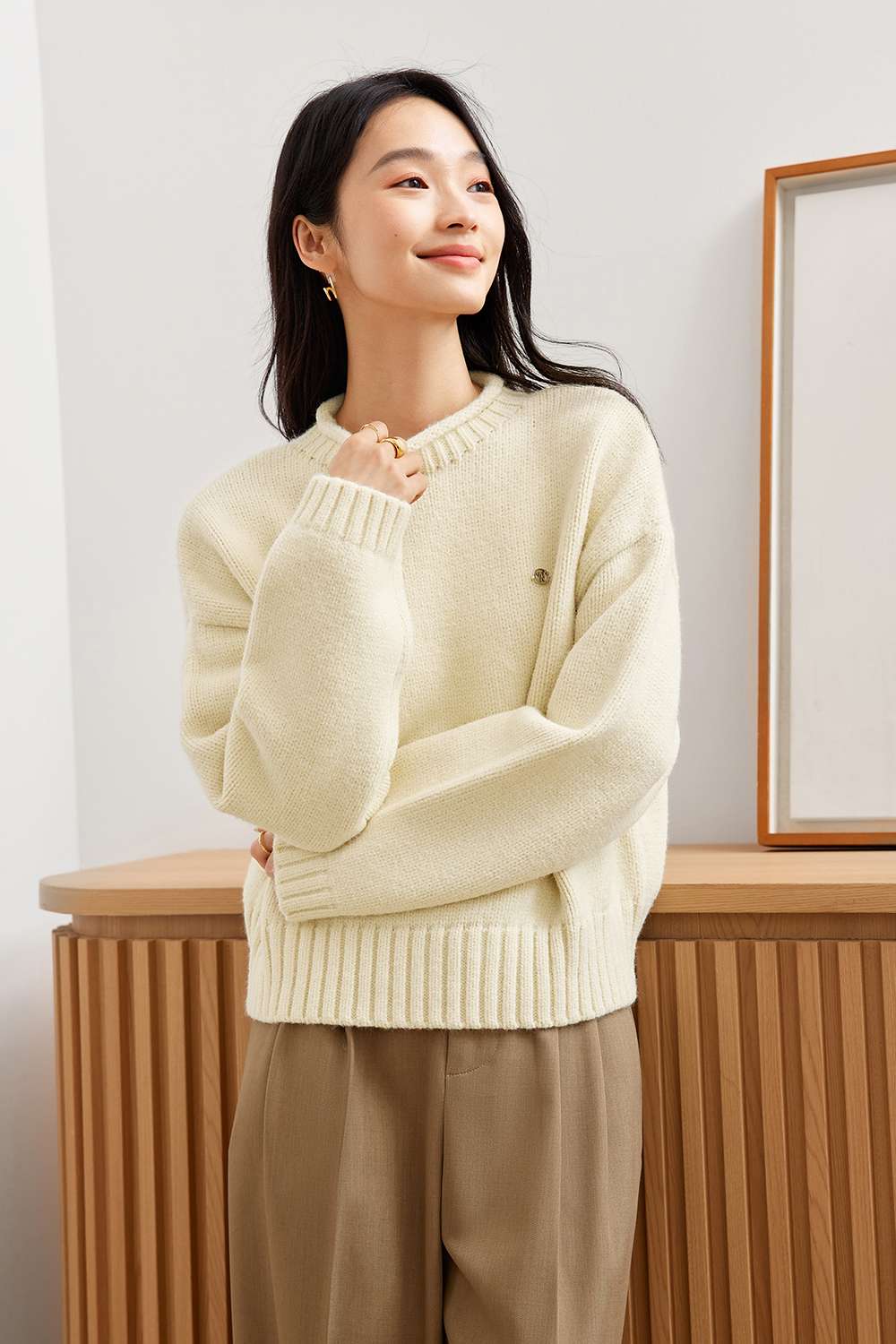 Rolled Hem Semi-High Neck Knitted Sweater-VIMLYSTORE