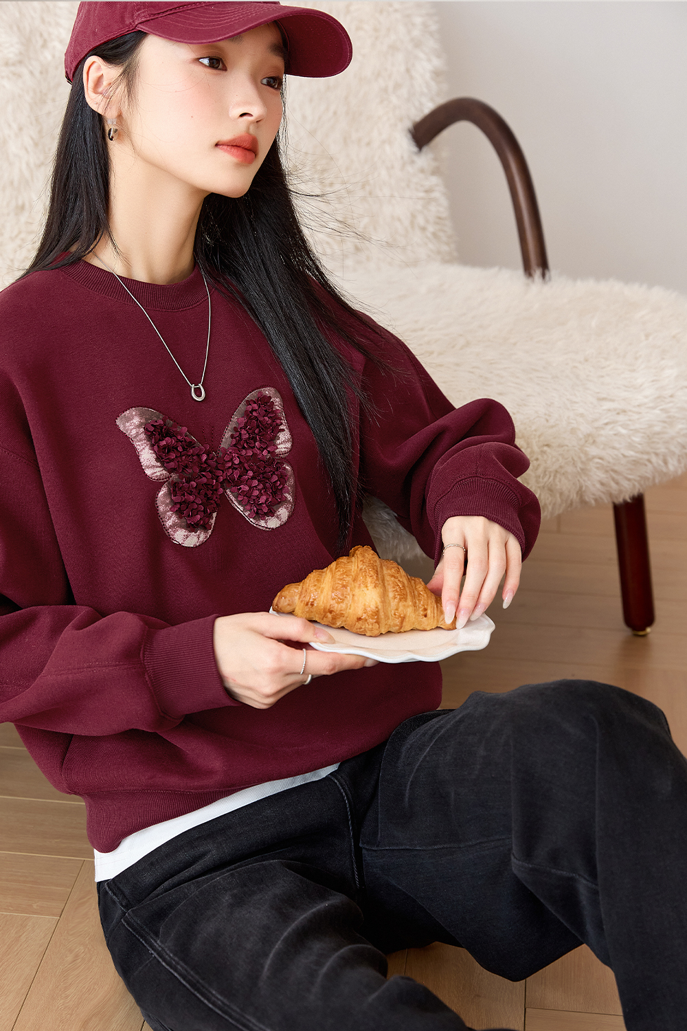 Butterfly Embroidered Fleece-Lined Sweatshirt-VIMLYSTORE