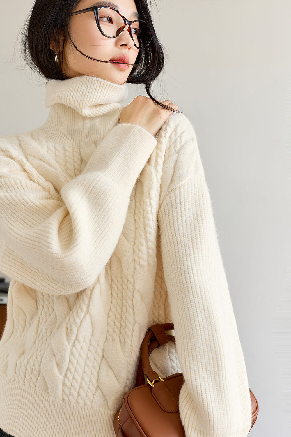 High neck cable design knitted sweater-VIMLYSTORE
