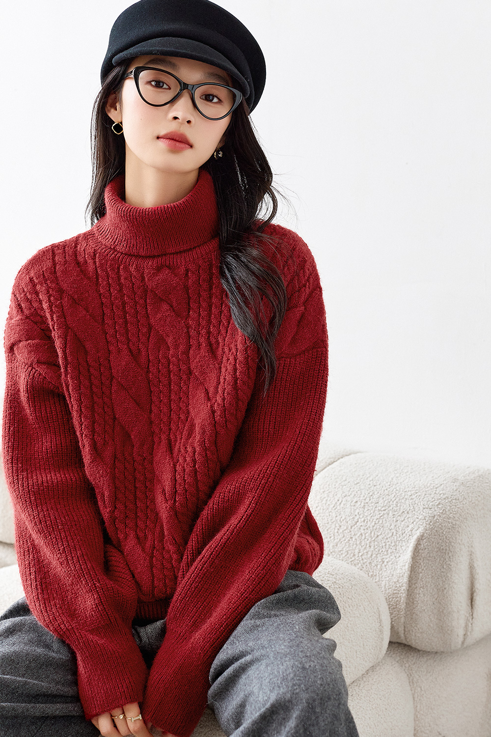 High neck cable design knitted sweater-VIMLYSTORE