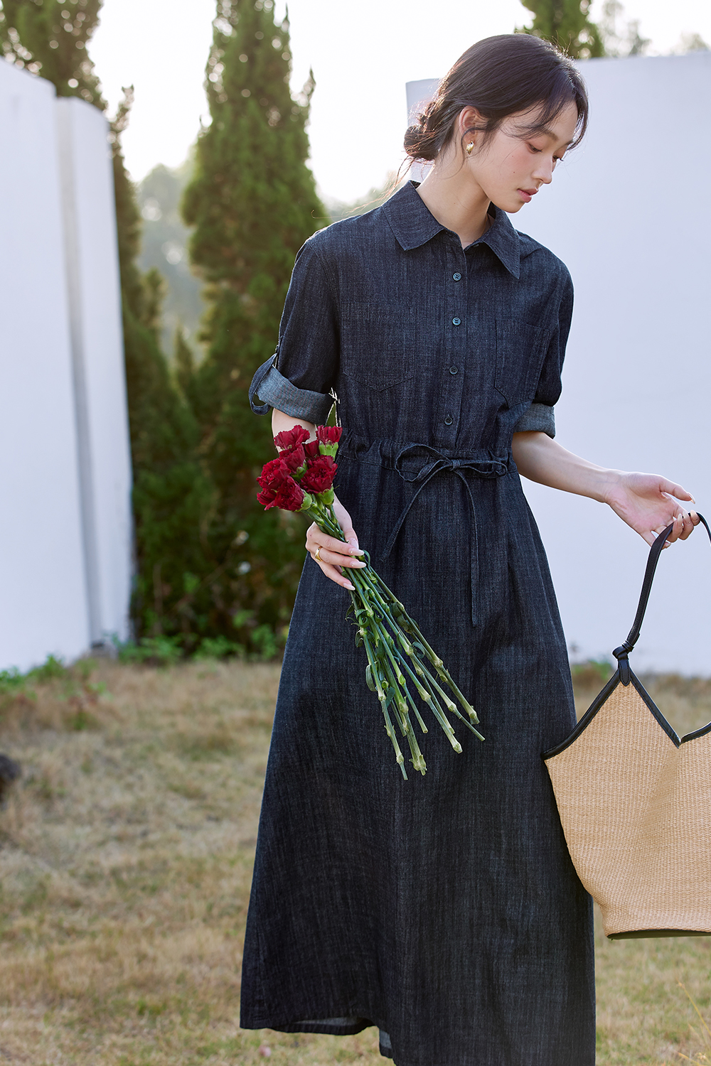 Pure Cotton Lapel Denim Dress