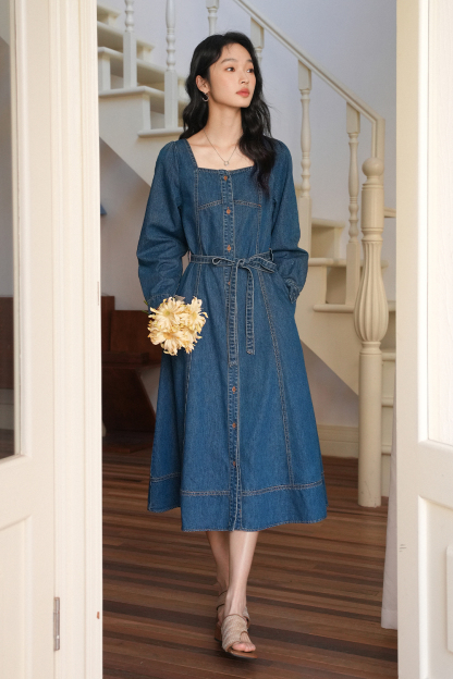 Retro Denim Lace-Up Dress