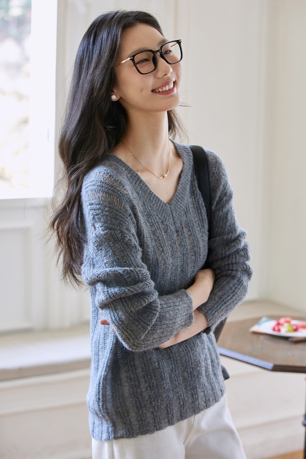 V-Neck Mesh Sweater