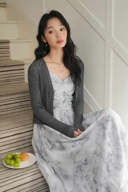 Knitted Cardigan And Floral Long Skirt Combination