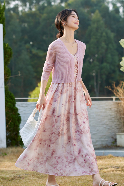 Knitted Cardigan And Floral Long Skirt Combination