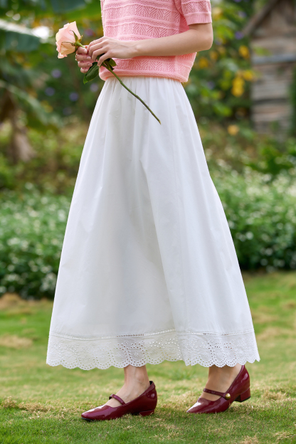 Lace-Edged White Long Skirt