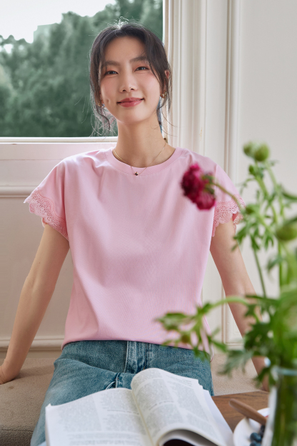 Lace Decoration Solid Color T-Shirt