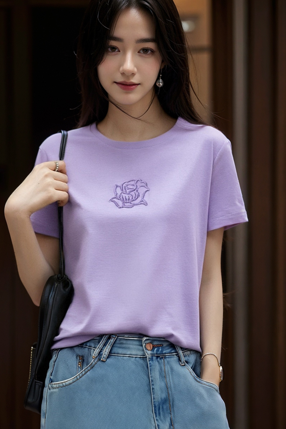 Toothbrush Embroidered Flower Design Loose T-Shirt