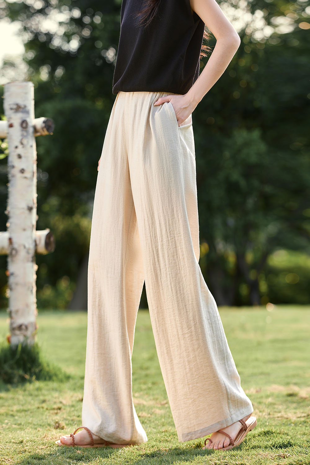 Linen Blend Solid Color Wide-Leg Pants