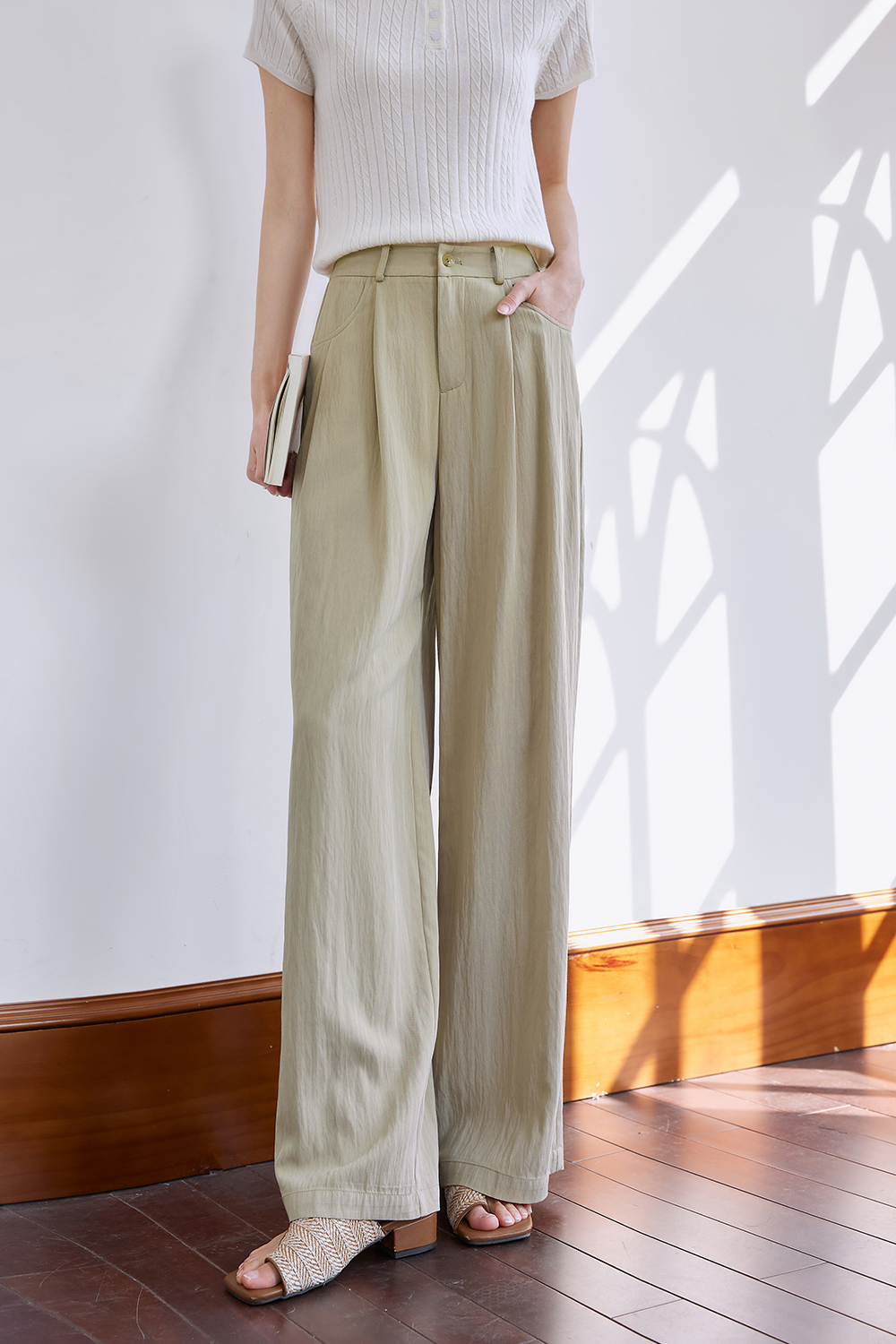 Woven Mid-Waist Casual Wide-Leg Pants