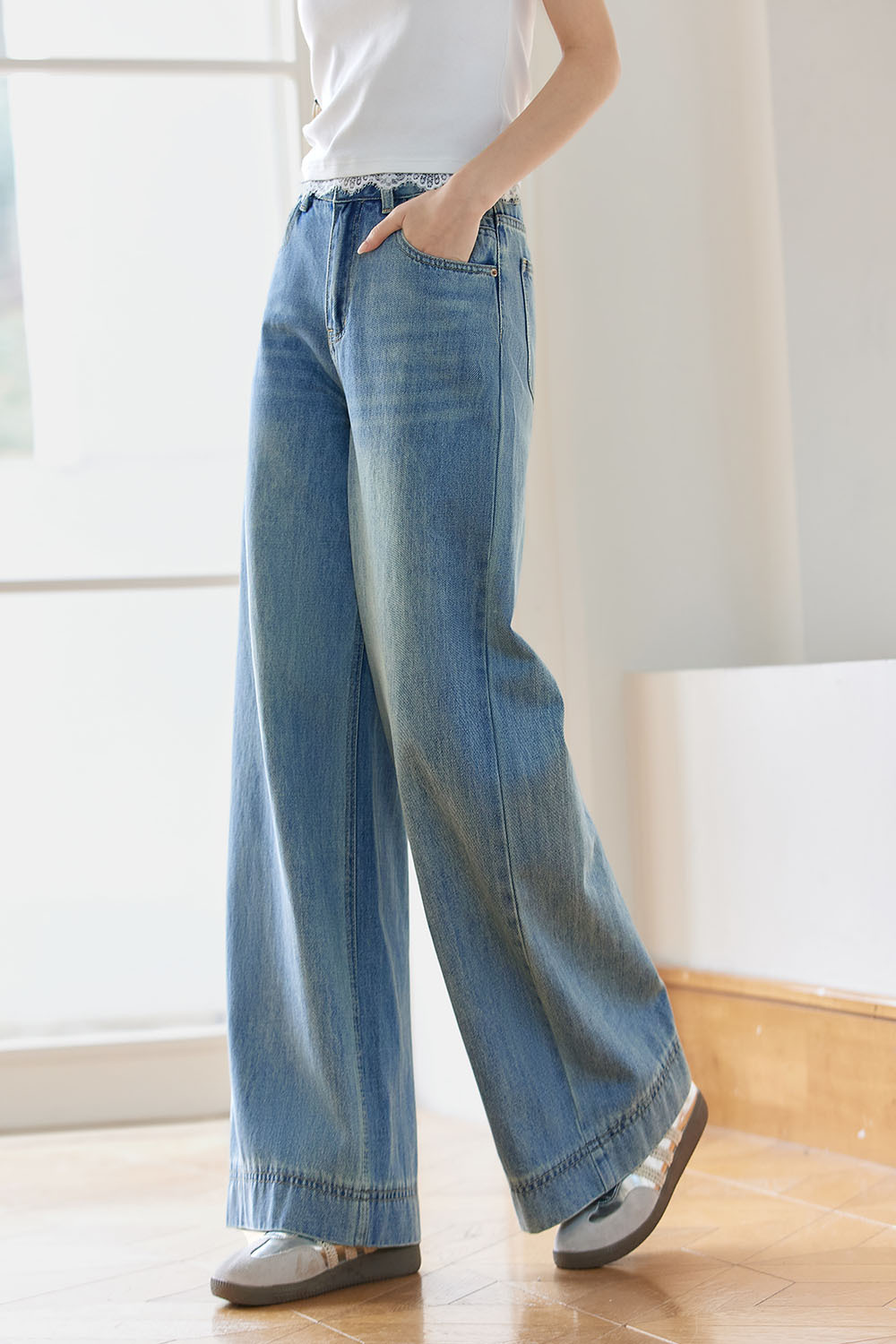 Cotton Loose Denim Wide-Leg Pants
