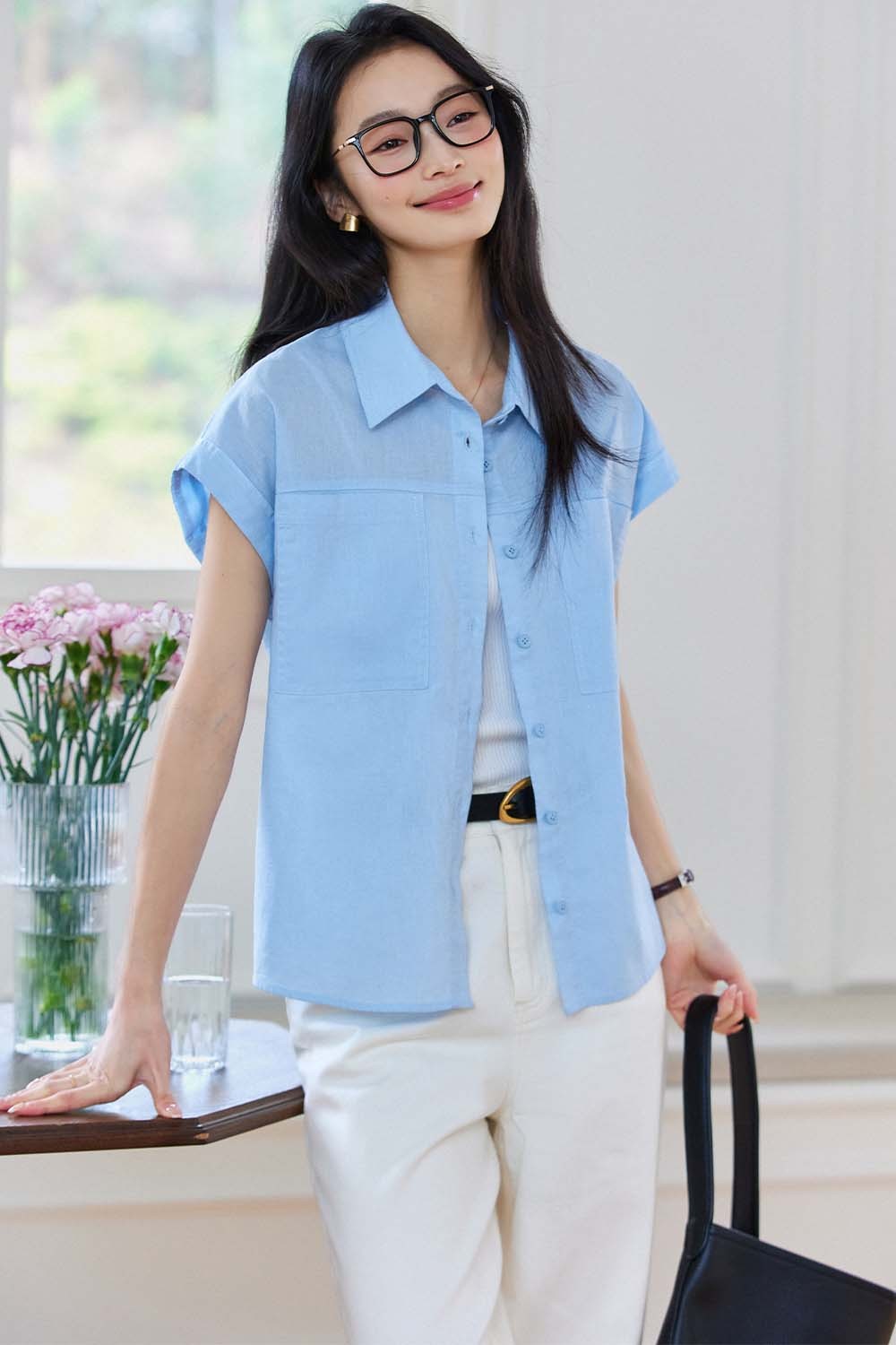 Cotton And Linen Blend Straight Shirt