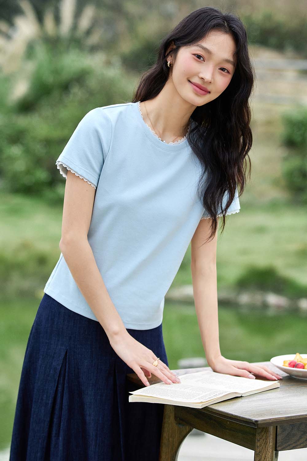Paneled Round Neck Straight T-Shirt