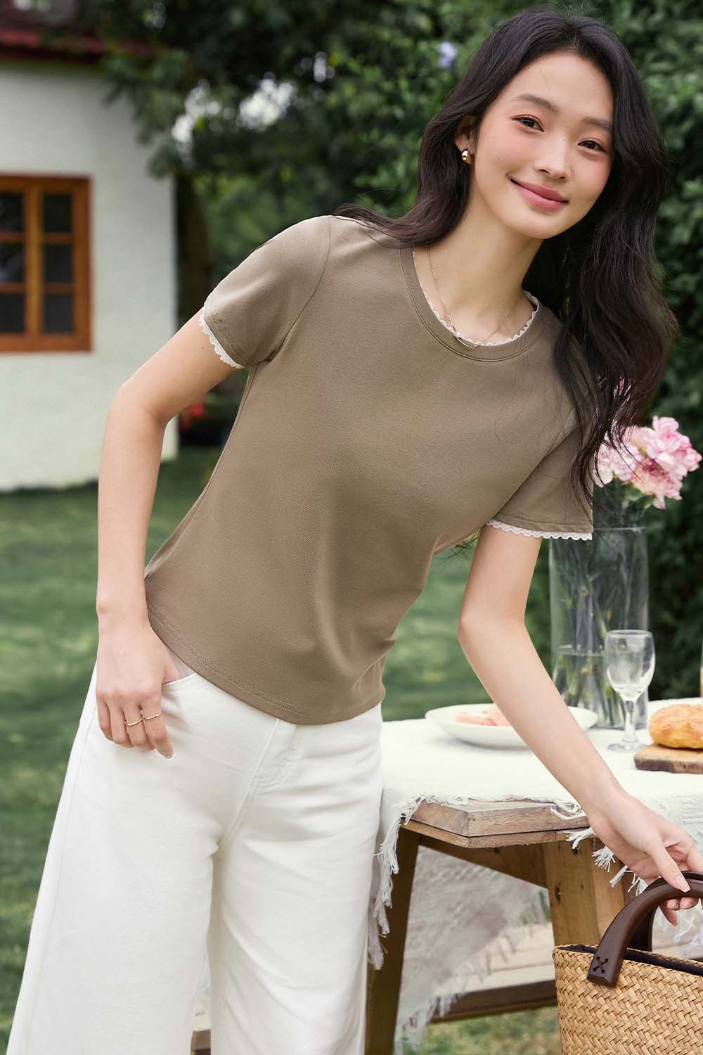 Paneled Round Neck Straight T-Shirt