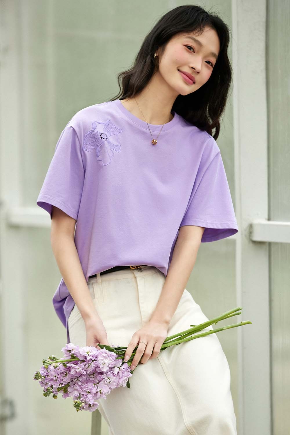 Hollow Flower Embroidery Straight T-Shirt-VIMLYSTORE