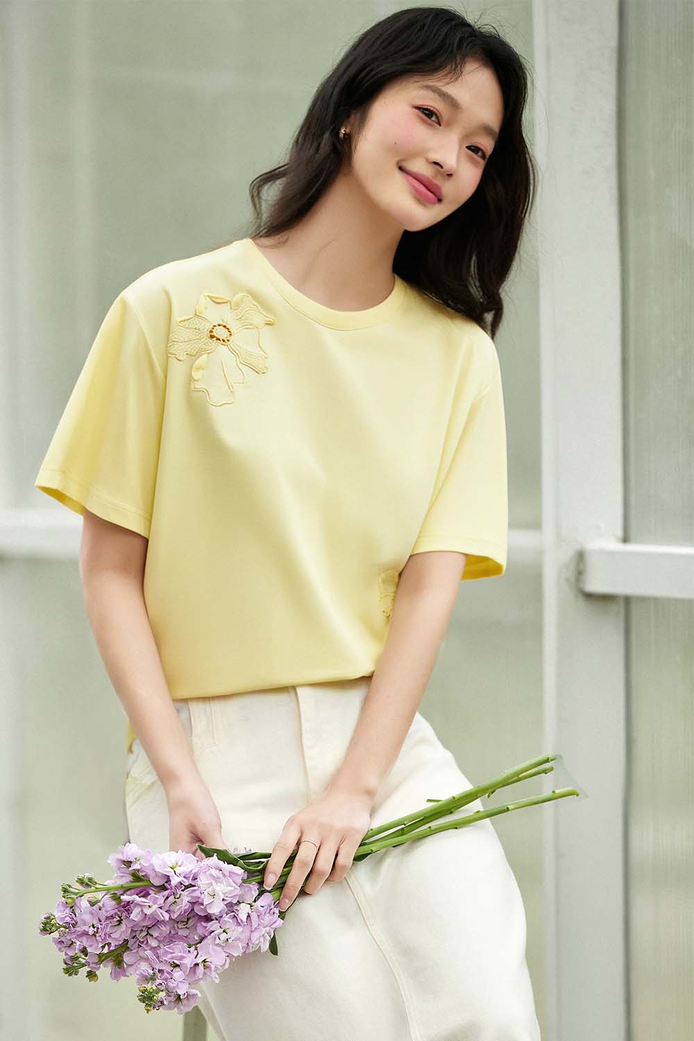 Hollow Flower Embroidery Straight T-Shirt-VIMLYSTORE