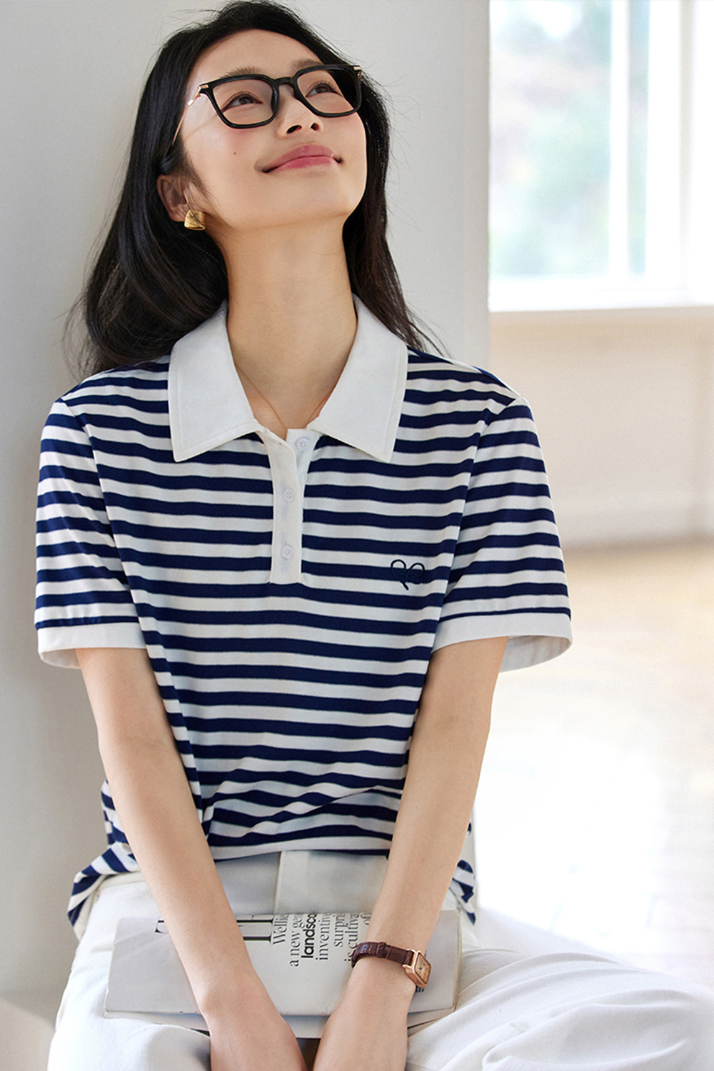 Color-Block Patchwork Polo Collar Embroidery T-shirt-VIMLYSTORE