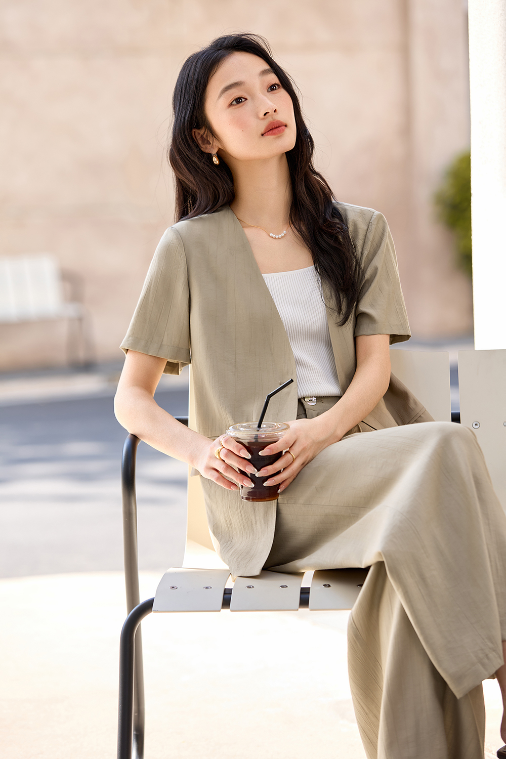 Casual-Commute V-Neck Blazer with High-Waist Wide-Leg Pants Set