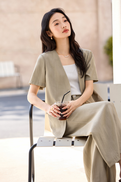 Casual-Commute V-Neck Blazer with High-Waist Wide-Leg Pants Set