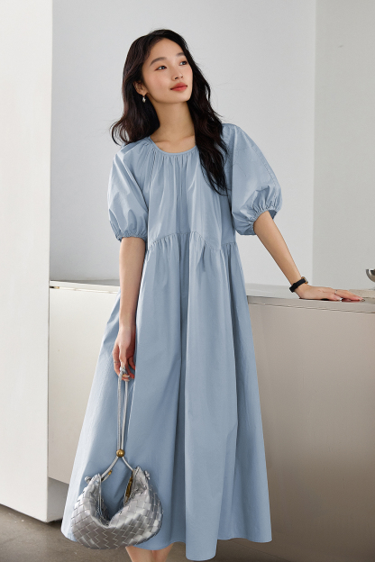 Minimalist Cotton Puff-Sleeve Relaxed Dress-VIMLYSTORE