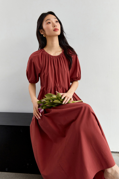 Minimalist Cotton Puff-Sleeve Relaxed Dress-VIMLYSTORE