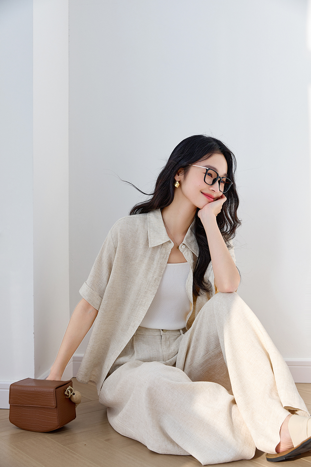 Trendy Relaxed Short-Sleeve Top with High-Waist Wide-Leg Pants Set