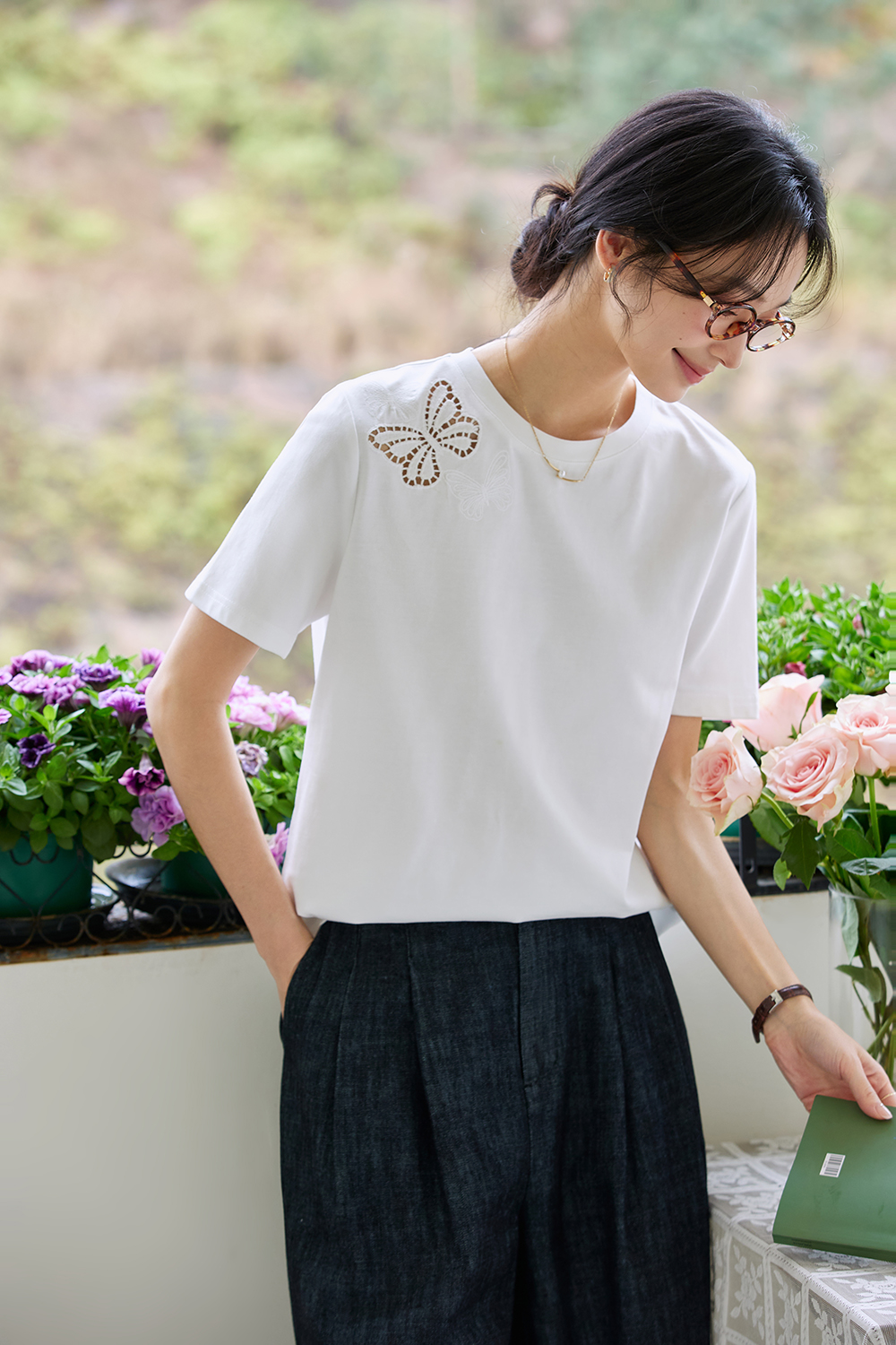 Cotton Round Neck Short-Sleeve Tee with Butterfly Cut-Out Embroidery