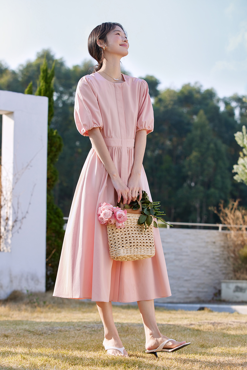 French-Elegance Slimming Puff-Sleeve Midi Dress