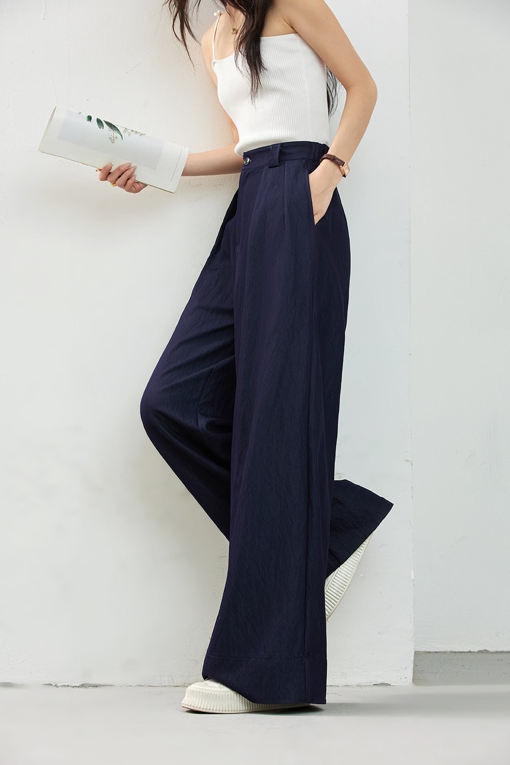Navy Elastic-Waist Lightweight Wide-Leg Pants-VIMLYSTORE