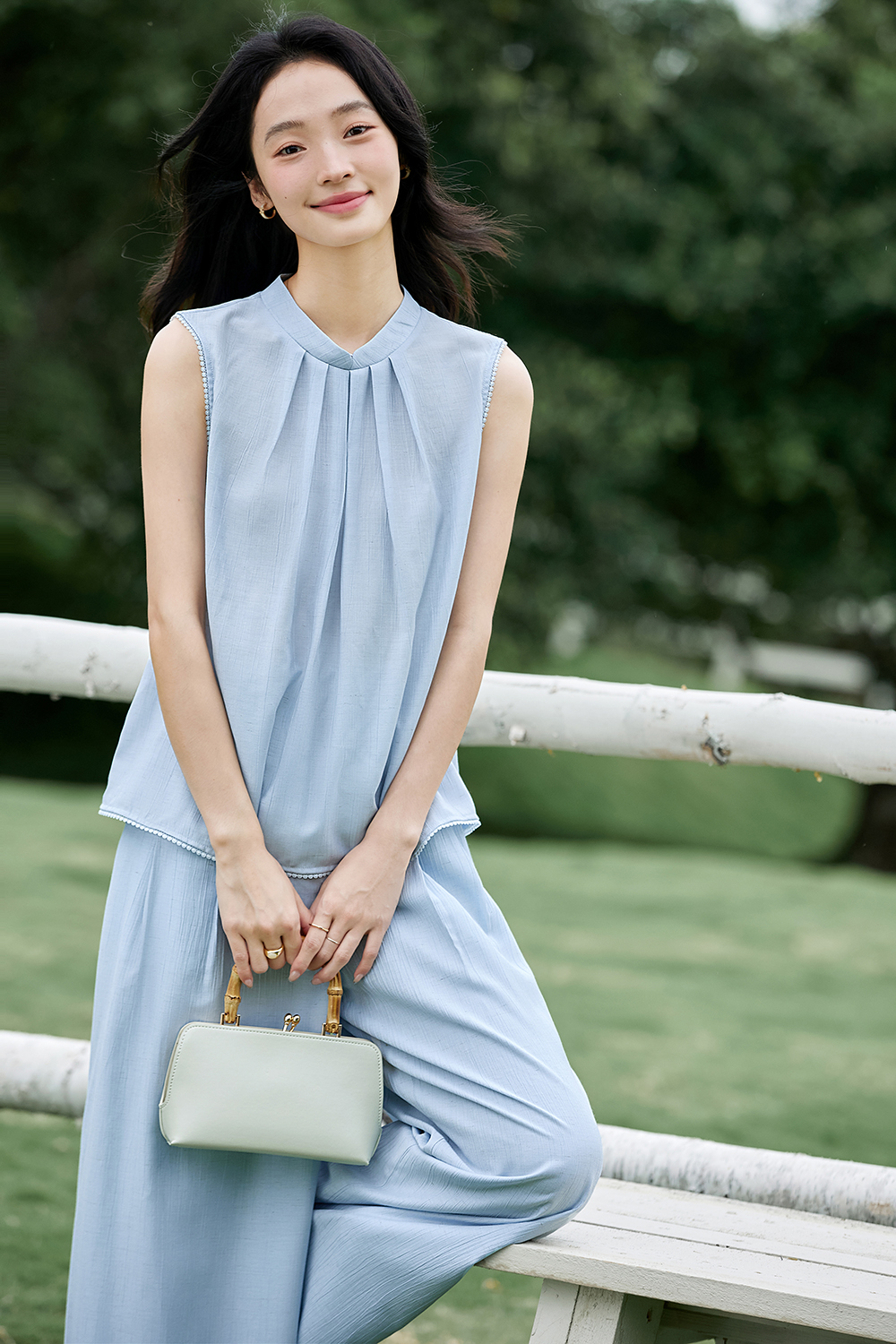 Modern-Chinese Stand-Collar Top & Slimming Wide-Leg Pants Set-VIMLYSTORE