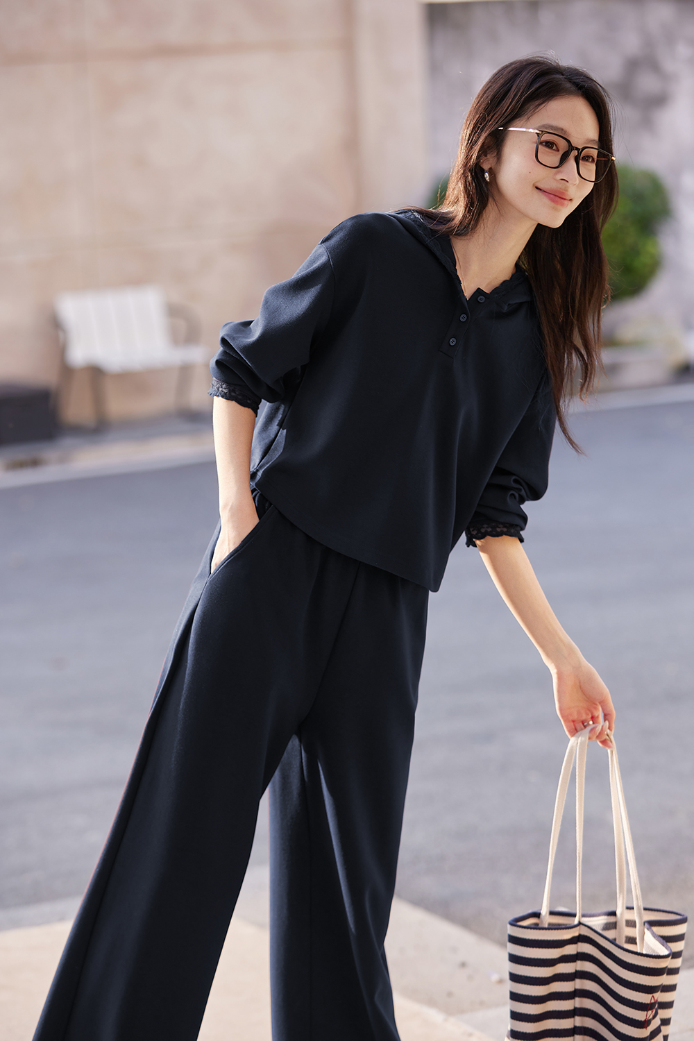 Navy Hoodie & Jogger Wide-Leg Pants Lounge Set-VIMLYSTORE