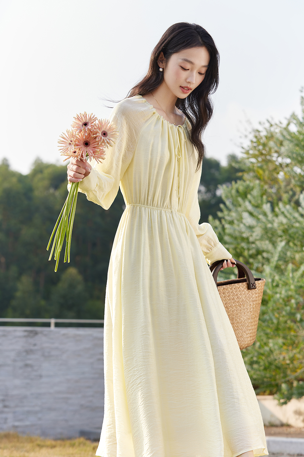 Creamy Lyocell Resort Dress with Flowy Silhouette & Belted Waist-VIMLYSTORE