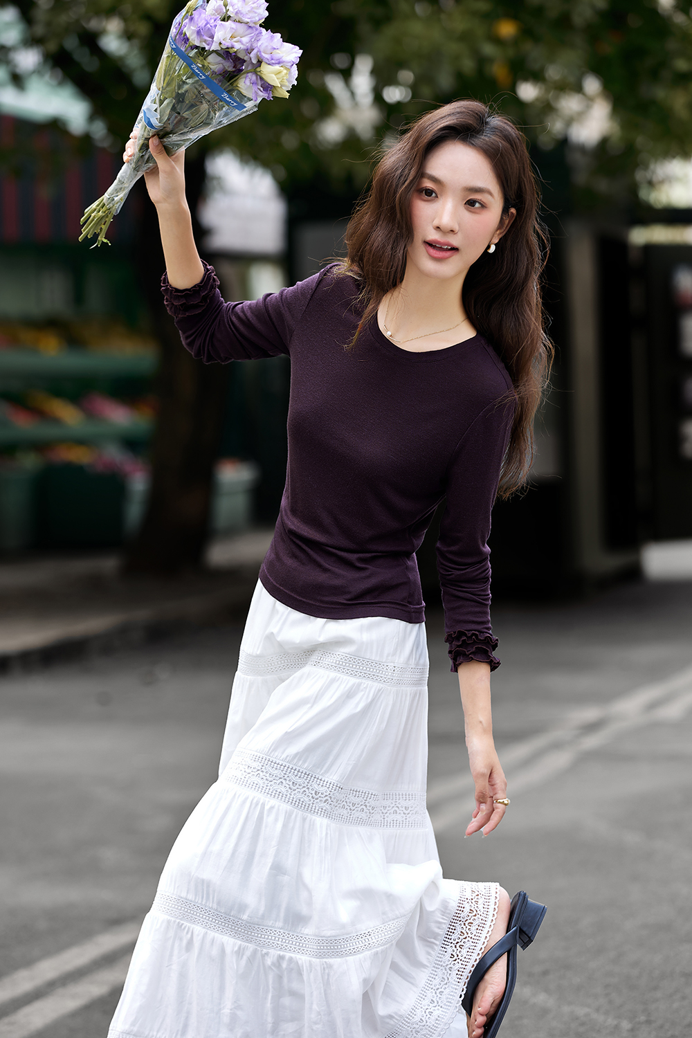 3D Floral slim knit long sleeve bottoming shirt
